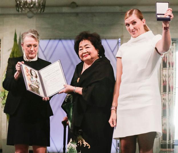 Berit Reiss-Andersen, Setsuko Thurlow y Beatrice Fihn. / AFP