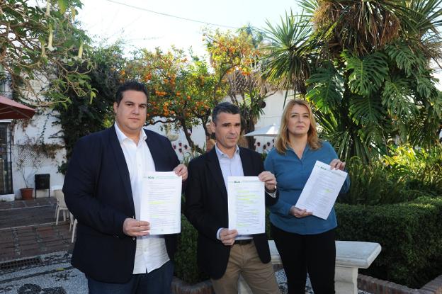 Manuel García, José Bernal y Ana González exhiben la página del BOJA donde aparece la licitación ./Josele-Lanza -