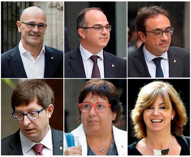 De arriba a abajo y de izquierda a derecha, Carme Forcadell, Artur Mas, Carles Mundó, Jordi Sánchez, Francec Homs y Meritxell Borrás. :: efe/