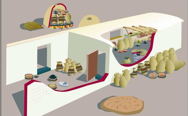 Imagen inédita de la reconstrucción de una casa del Cerro del Villar./SUR