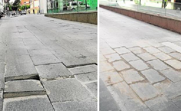 Los bloques que estaban hundidos (izquierda) han sido colocados de nuevo en su sitio (derecha)./