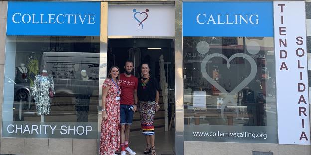 Veronika Tye (r) with Gemma and Paul Carr, founders of Collective Calling, outside the new charity shop. / SUR