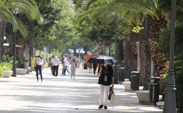A woman takes refuge from the heat under an umbrella on the Paseo del Parque in Malaga.