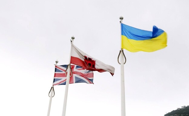 The Ukraine flag is being flown alongside that of Gibraltar and the Union flag /sur