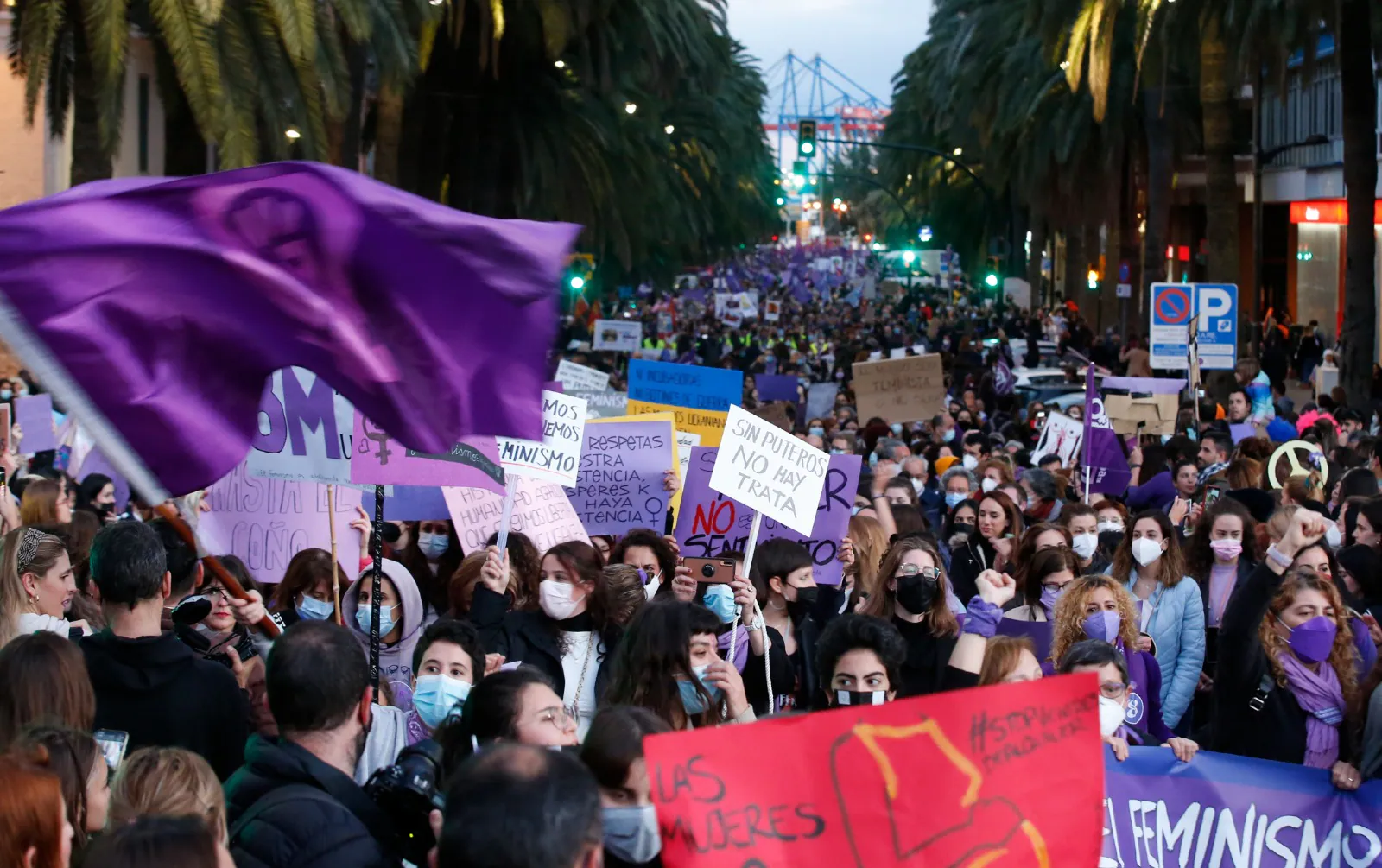 Protestors take to the streets of Malaga on Tuesday, 8 March 2022.