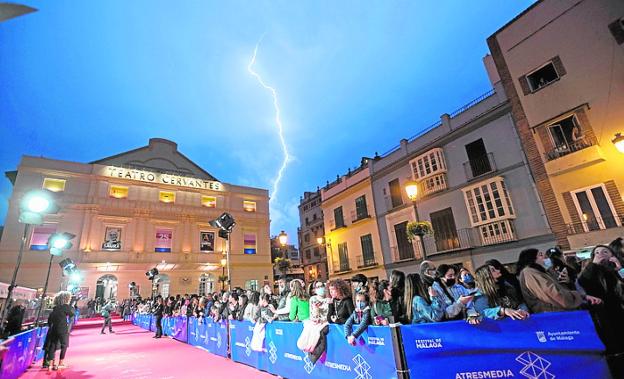 Electric atmosphere as fans wait for film stars by Teatro Cervantes. 