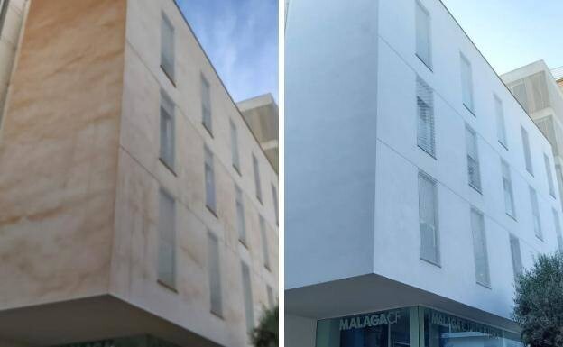 A building with and without the stains from the calima. 