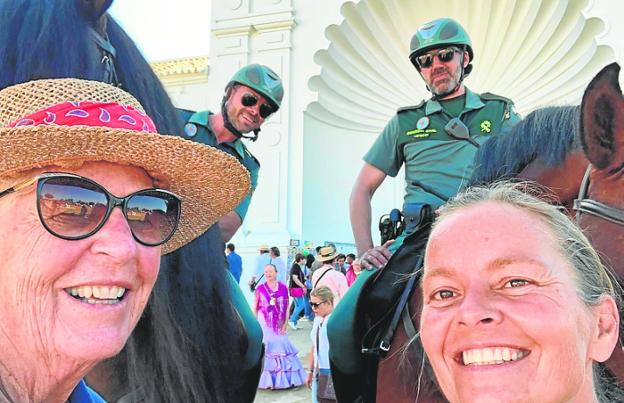 Jill and Steffi with the Guardia Civil police at El Rocío in Huelva. 
