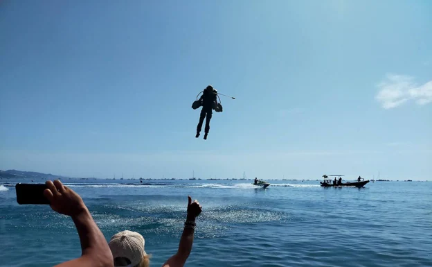 Richard Browning in his Gravity Jet Suit flew along Torre del Mar's coastline /j. rhodes