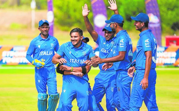 Italian players celebrate during one of their matches this week at the European Cricket Championship. / ECN