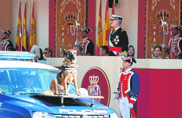 A patient police dog joined 4,000 participants in the Fiesta Nacional parade on Wednesday morning. 