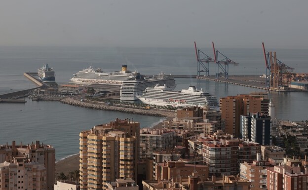 View of four cruise ships docked in Malaga in October. 
