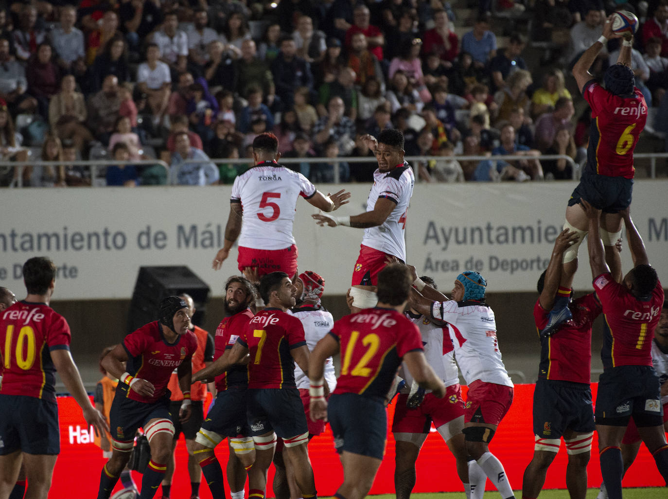 Spain win the ball during the match against Tonga. 