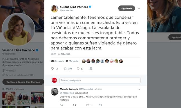 Susana Díaz condena el crimen de La Viñuela: «La escalada de asesinatos de mujeres es insoportable»