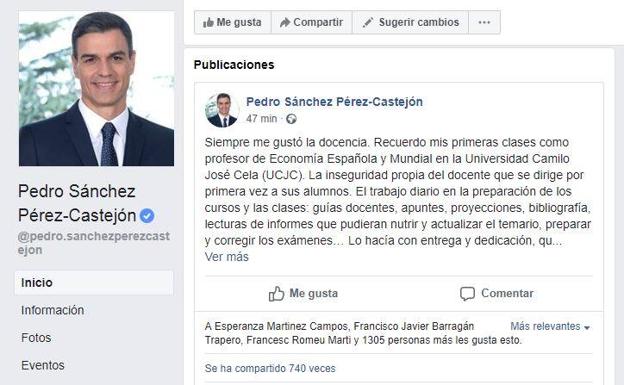 El mensaje de Pedro Sánchez en Facebook: «Las tesis se hacen gracias al esfuerzo de muchos»