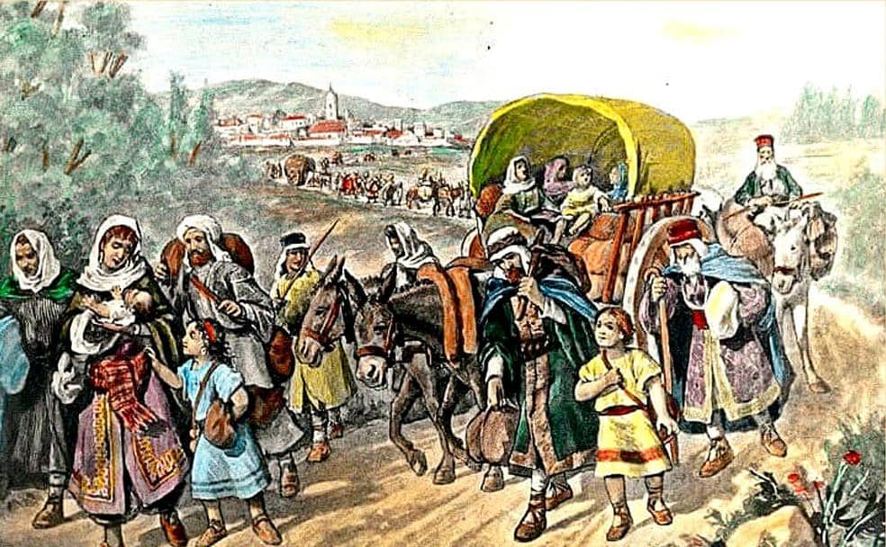 Ilustración con la salida de familias judías de España tras su expulsión en 1492 por los Reyes Católicos. /R. C.