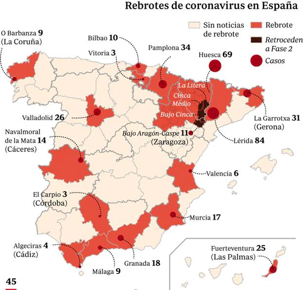 Este es el mapa de los rebrotes de coronavirus en España: los focos activos de Covid-19