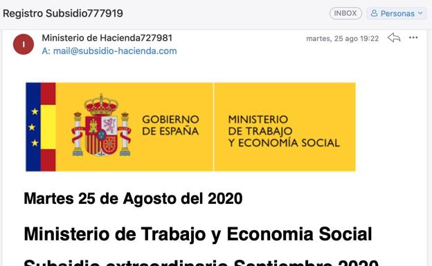 Un correo falso invita a conseguir el «subsidio extraordinario septiembre 2020»