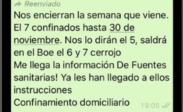 ¿Nos encierran la semana que viene? Sanidad aclara el mensaje de WhatsApp sobre un confinamiento desde el 7 de noviembre