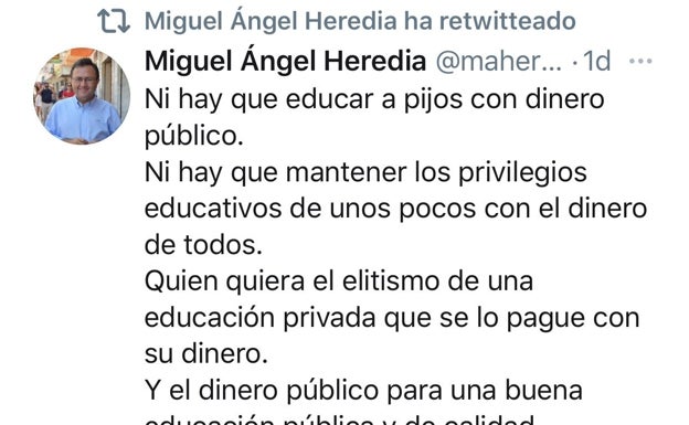 Heredia desata las críticas por decir que no se debe educar a «pijos» con dinero público