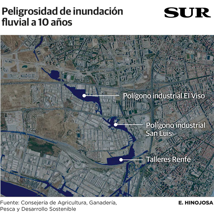 Los nuevos mapas de inundación siembran inseguridad en decenas de naves de polígonos de Málaga