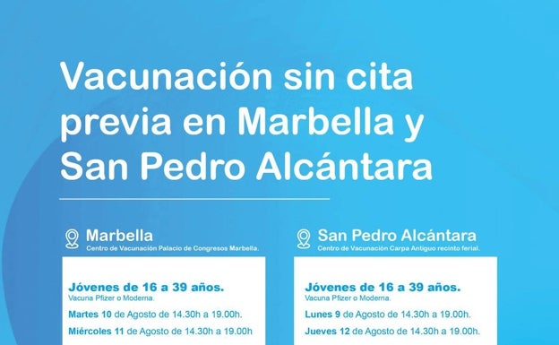 Nuevas jornadas de vacunación masiva para mayores 16 años en Marbella y San Pedro