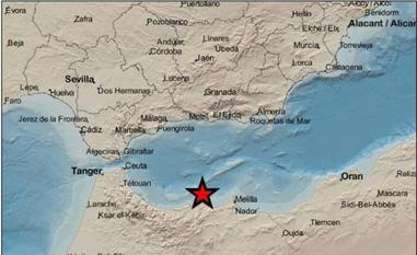 La imagen marca el epicentro del seísmo que se ha dejado notar este sábado en la provincia de Málaga./Instituto Geográfico Nacional
