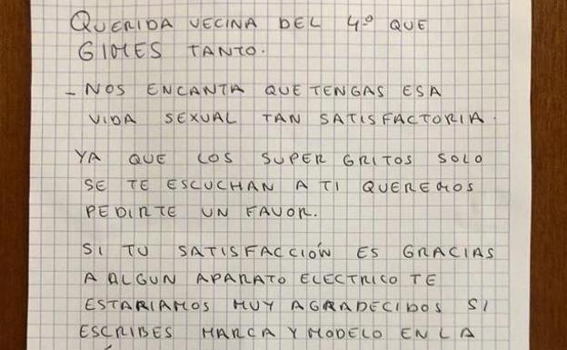 La viral carta de sus vecinos a una chica: «Que viva el sexo, pero grita un poco menos»