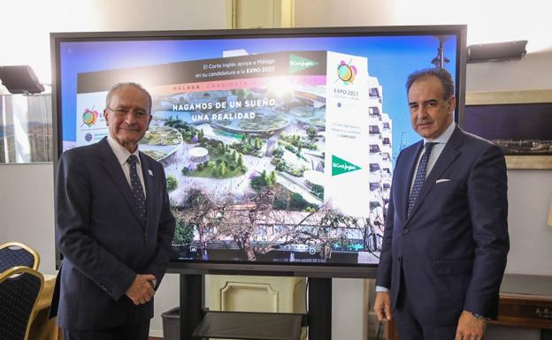 El Corte Inglés muestra su apoyo a la candidatura de Málaga a la Expo 2027 con una lona de más de 1.000 metros cuadrados