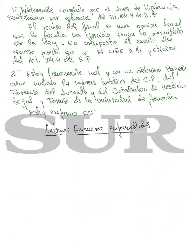 Carta enviada por Julián Muñoz en la que responde a cuestiones sobre la situación
