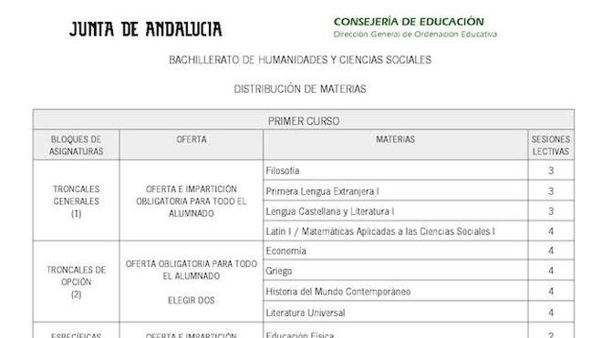 Asi Es La Distribucion De Las Materias De 1º De Bachillerato De Humanidades Y Ciencias Sociales Diario Sur