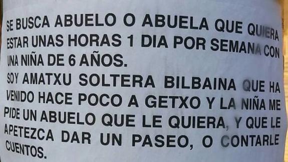 Una madre pega carteles para buscarle un abuelo a su hija "que la quiera y le cuente cuentos"